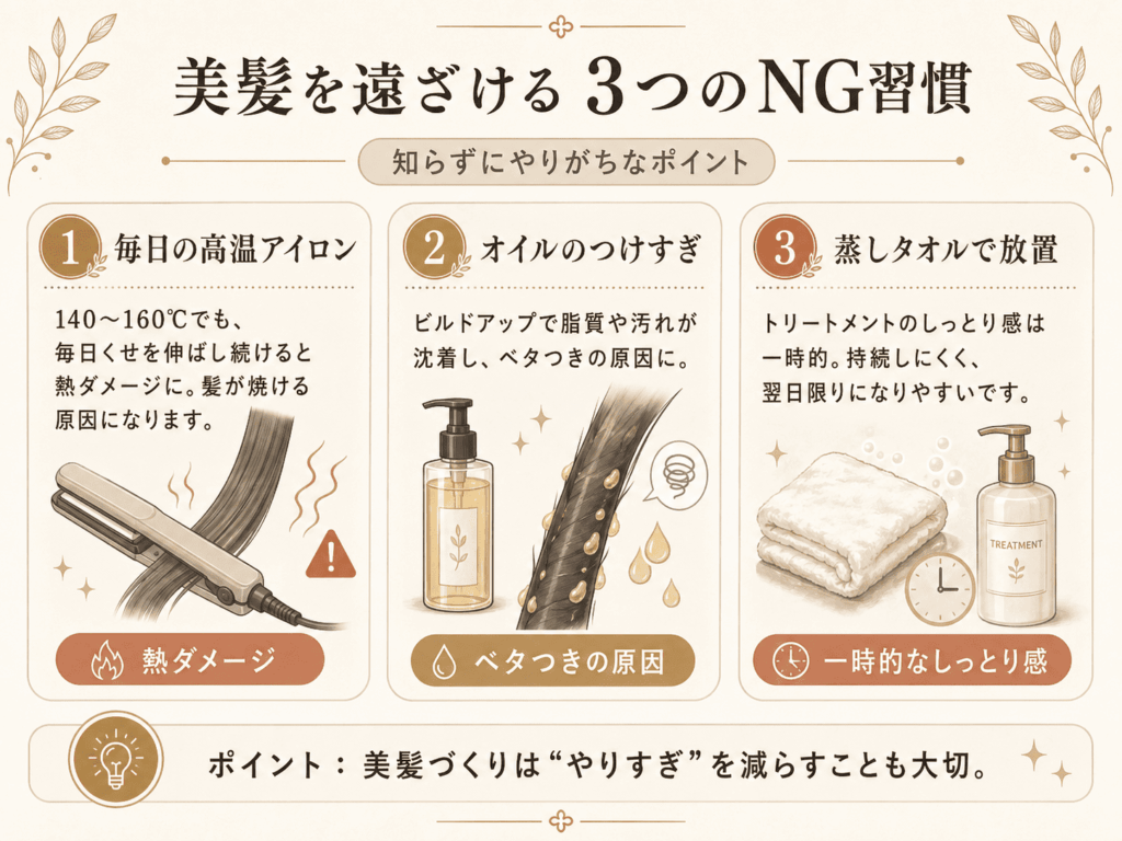 髪のダメージに繋がる生活習慣の図解イラスト1a 美容室Rオリジナル資料